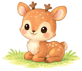 Cute Baby Deer Sitting on Grass &mdash; Kawaii Woodland Watercolor Animal Illustration for Kids