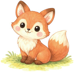 Cute Baby Fox Sitting on Grass &mdash; Kawaii Woodland Watercolor Animal Illustration for Kids