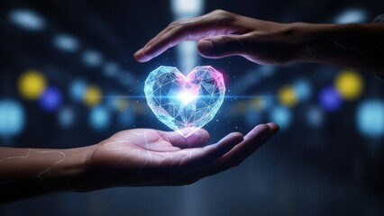 Human hands embrace and shield a radiant geometric heart, glowing with digital light in a dark, blurred setting
