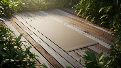 Brown yoga mat laid out on a weathered wooden deck surrounded by lush green tropical foliage for morning exercise