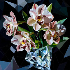 Abstract neon orchids with luminous, laser-like edges bloom from a diamond-clear crystal vase. The orchids glow in soft pinks, blues, and greens. The space background fades from deep navy to starlit b