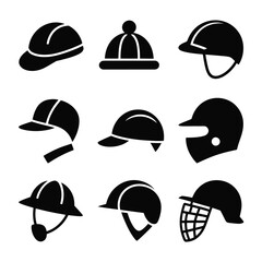 Collection of nine diverse safety helmets and caps illustrates various.