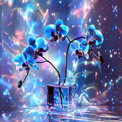 Abstract neon orchids with luminous, laser-like edges bloom from a diamond-clear crystal vase. The orchids glow in soft pinks, blues, and greens. The space background fades from deep navy to starlit b