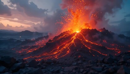 Volcano erupting at dawn with flowing lava, ash plume, and glowing terrain under colorful cloudy sky