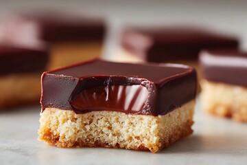 Bite taken out of a decadent chocolate caramel shortbread square on a marble surface