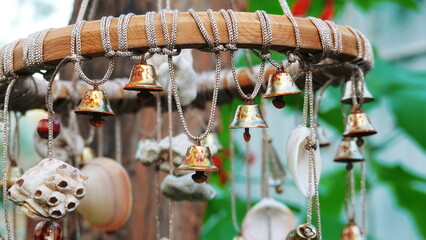 Windchimes Rustic Handmade Closeup View Warm. Garden Decor Natural Brown Green