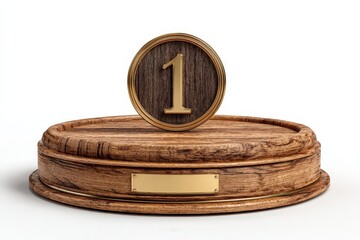Wooden podium with number one plaque stands alone in a simple space showing value and achievement in a clear setting