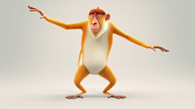 performing playful action with a stylized monkey character in a neutral studio setting