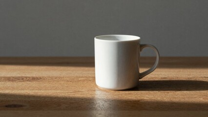 White mug on wooden table with gray background
