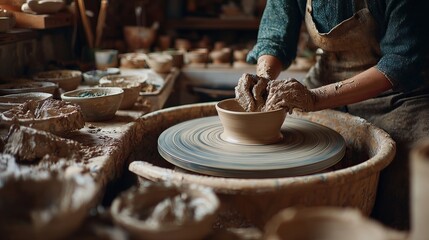 Potter shaping clay on spinning wheel in rustic workshop with various ceramic pieces