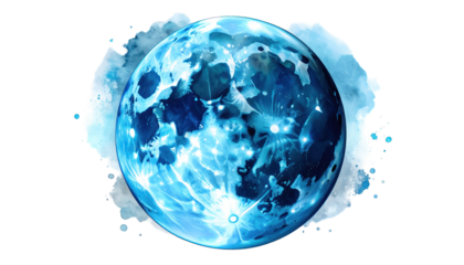 Glowing celestial orb with intricate blue light patterns, floating in ethereal mist