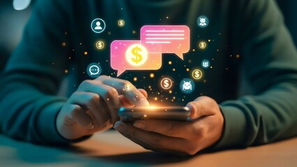 Person using a smartphone with glowing chat bubbles and money icons represents mobile banking, digital payments, financial chatbot assistance, online transactions, finance, money, ai, banking, mobile