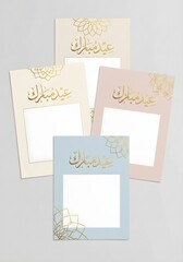Set of Pastel Eid Mubarak Greeting Card Mockups with Gold Arabic Calligraphy and Blank Photo Frames