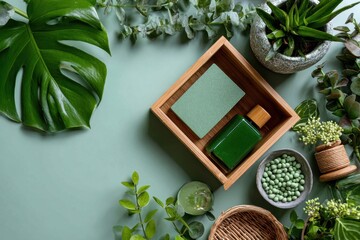 Pastel green mood board with ecofriendly products and plants