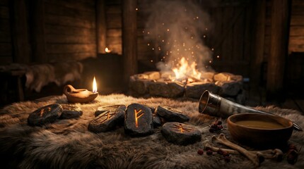 Norse Runes and Ritual Objects by a Cozy Fire