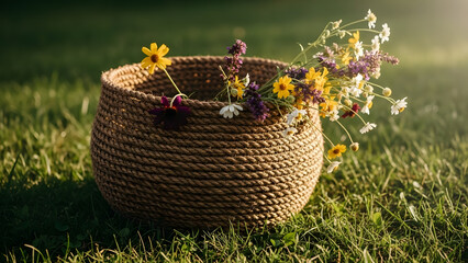 Charming rustic rope basket filled with a colorful variety of freshly picked wildflowers on green grass, peaceful country garden scene with soft golden hour sunlight