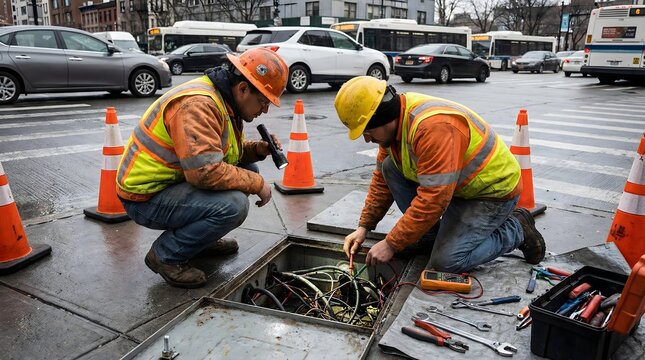 Utility Workers Repairing Underground Cables in City Street