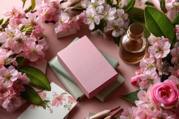 Pastel collage of pink packaging flowers and stationery