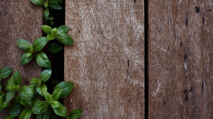 木の板と緑の葉がある場面