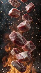 Falling Raw Meat Cubes on Fire.