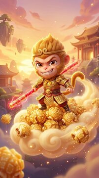 authentic human lifestyle concept Mischievous Cartoon Monkey King Sun Wukong Riding a Popcorn Cloud, Fantasy Chinese Illustration for Cinema or Snack Concept modern commercial stock usage