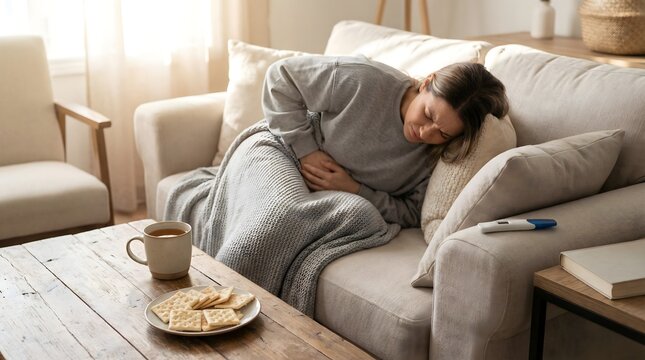 Woman experiencing abdominal pain or morning sickness on a cozy couch