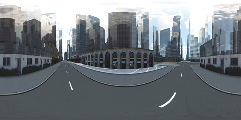 Obraz premium Panorama of the city. Environment map. HDRI map. equidistant projection. Spherical panorama. 3D rendering