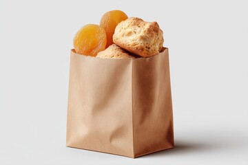 Homemade baked goods and dried apricots peeking out of a brown paper bag