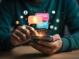 Person using a smartphone with glowing chat bubbles and money icons represents mobile banking, digital payments, financial chatbot assistance, online transactions, finance, money, ai, banking, mobile