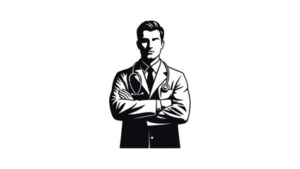 A professional black and white vector illustration of a male doctor with arms crossed and a stethoscope around his neck. This clean, authoritative graphic represents healthcare leadership.