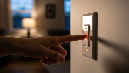 Person's finger activates a glowing wall light switch in a dimly lit room, turning on/off a lamp