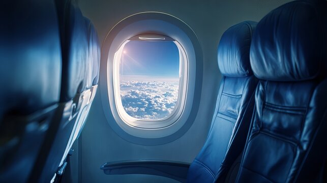 Aerial view from airplane window showing clouds and blue sky - Powered by Adobe
