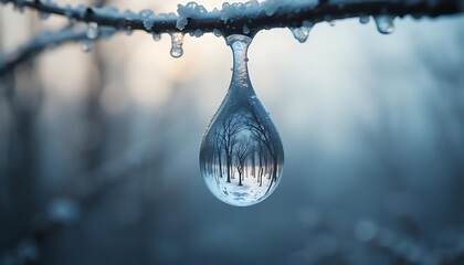 Close-up of water droplet on snow-covered tree branch reflecting inverted winter forest with bare trees
