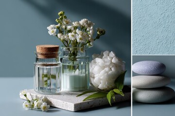Pastel lifestyle collage Skincare jars with delicate textures