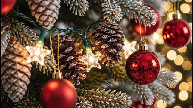 Christmas lights with glowing stars string hanging from fir branches adorned with pine cones and red baubles