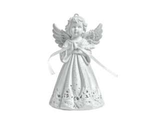 White porcelain angelic figure with folded hands and detailed wings