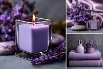 Pastel lavender brand collage featuring candles silk lifestyle