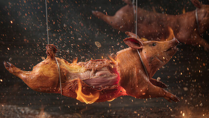 Suckling pig roasting on fire.