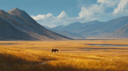 Obraz premium Solitary horse in golden valley with majestic mountains under blue sky.