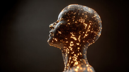 Human head profile filled with glowing AI circuitry, symbolic dual nature of intelligence