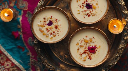 Indian sweets like malpua and rabri served on a festive tray .