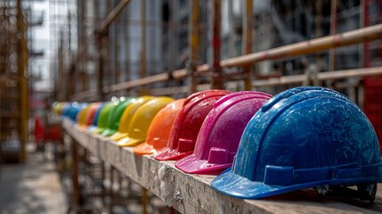 Colorful Construction Helmets Lined Up on Scaffold at Building Site