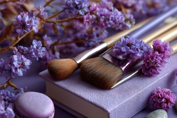 Pastel lavender lifestyle board with beauty brush and flowers