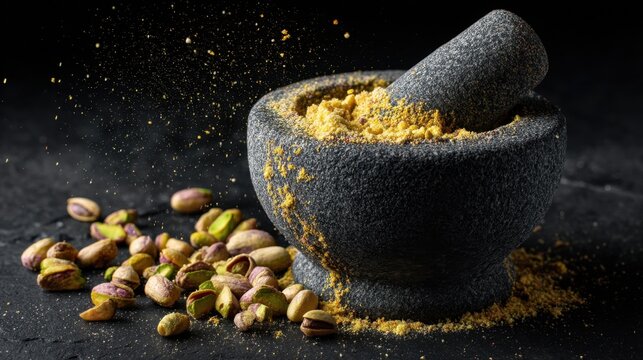 Pistachio grinding in stone mortar and pestle with vibrant spices. - Powered by Adobe