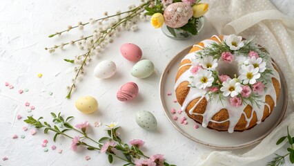 Decorative Easter Kulich Cake with Spring Flowers and Eggs - 5