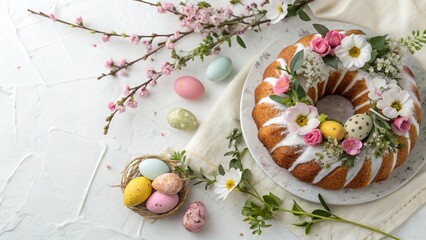Decorative Easter Kulich Cake with Spring Flowers and Eggs - 4