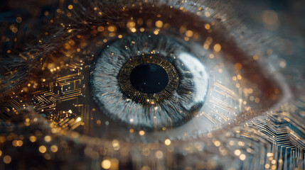 Abstract AI eye made of circuits and light, digital perception concept
