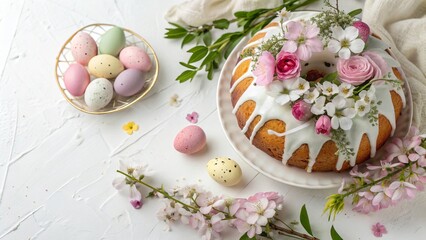 Decorative Easter Kulich Cake with Spring Flowers and Eggs - 1