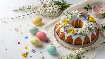 Decorative Easter Kulich Cake with Spring Flowers and Eggs