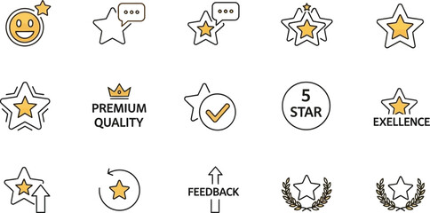 Collection of modern line icon set representing customer satisfaction rating quality feedback service excellence and five star achievement badges